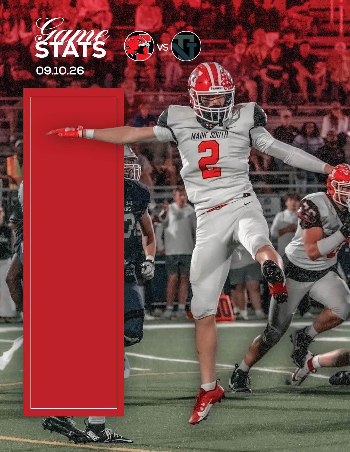 A person in a white and red football uniform is jumping with arms outstretched on a football field during a game between two teams with logos shown at the top. Description generated by AI