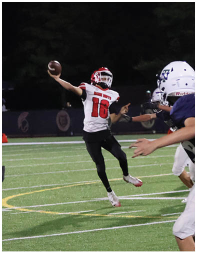 A person wearing a referee uniform is running on a football field at night while another person is preparing to throw a football. Description generated by AI