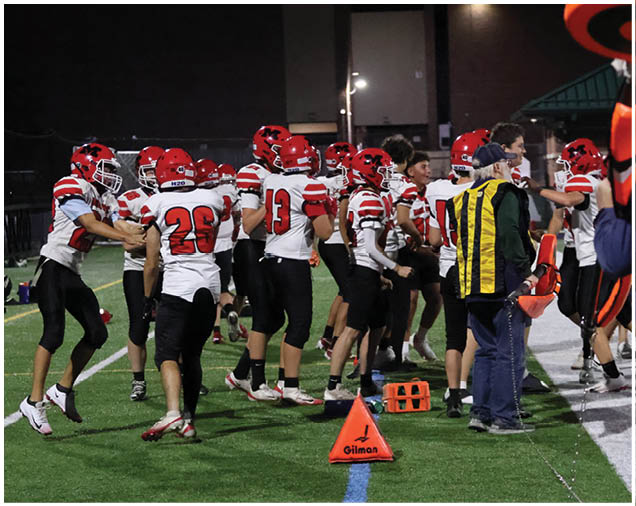 A group of people wearing red helmets and white sports jerseys are gathered on a football field at night near an orange marker cone. Description generated by AI