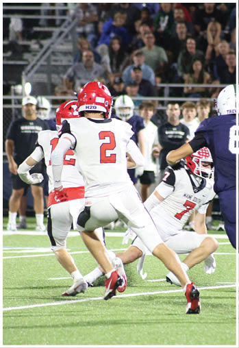 Two people in white and red football uniforms are actively playing on a green field with spectators in the background. Description generated by AI