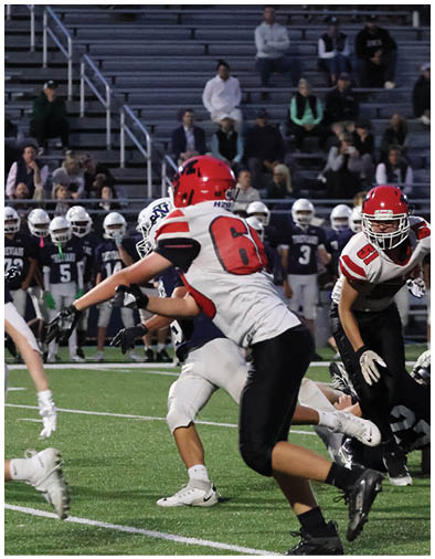 Children wearing football uniforms and helmets are playing on a field with spectators sitting in bleachers in the background. Description generated by AI