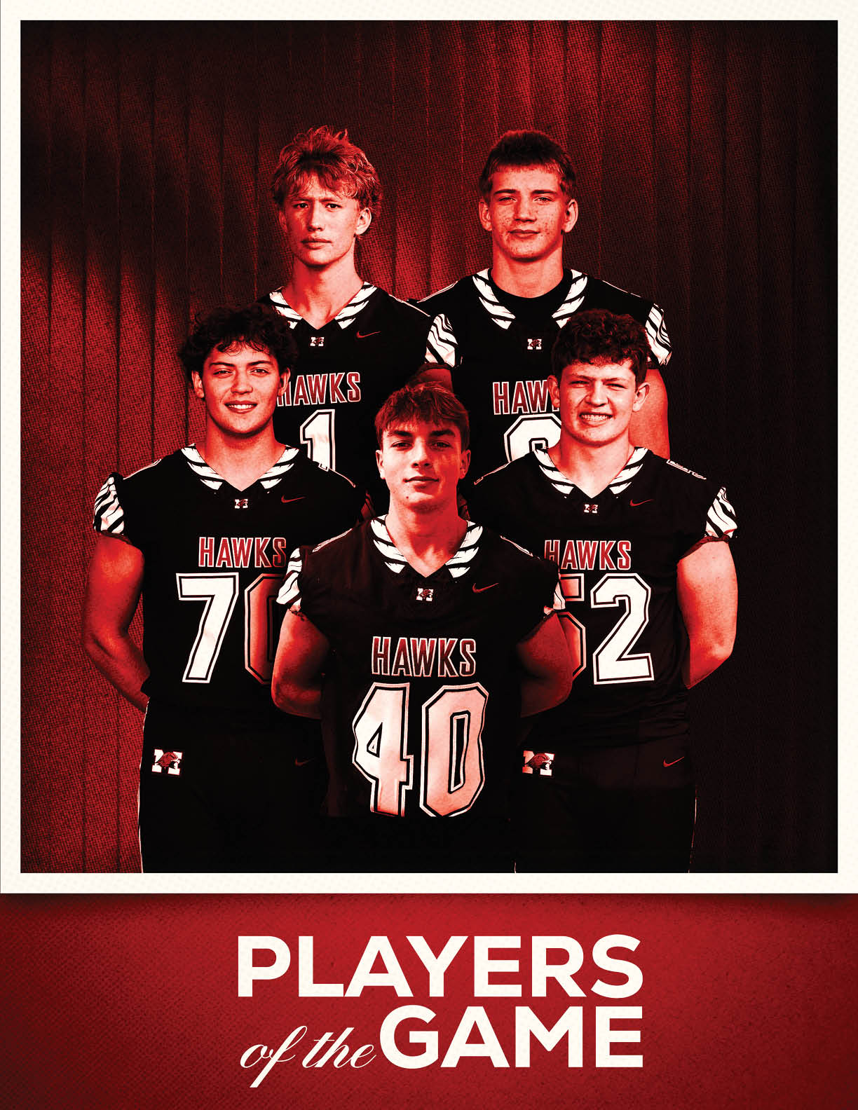 Five people wearing black sports jerseys with the word “HAWKS" pose together against a red curtain background with the text "PLAYERS of the GAME" below them. Description generated by AI