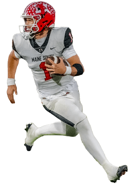 A person wearing a red helmet and white football uniform with “Maine South" on the jersey is running while holding a football. Description generated by AI