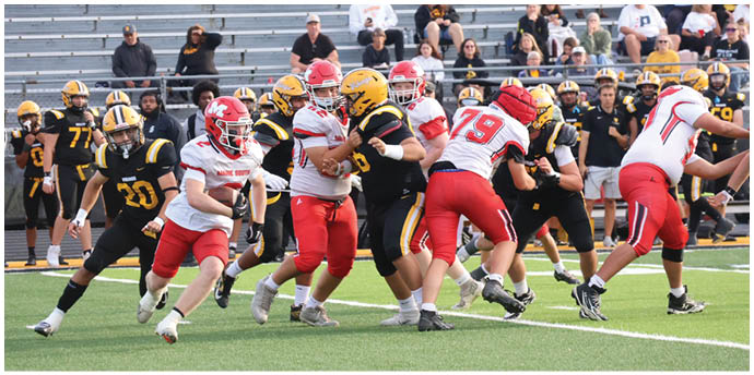Players in black and yellow and players in red and white uniforms are engaged in a football game on a field with spectators in the background. Description generated by AI