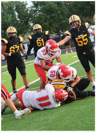 People in football uniforms are actively engaged in a tackle on a green field during a game. Description generated by AI