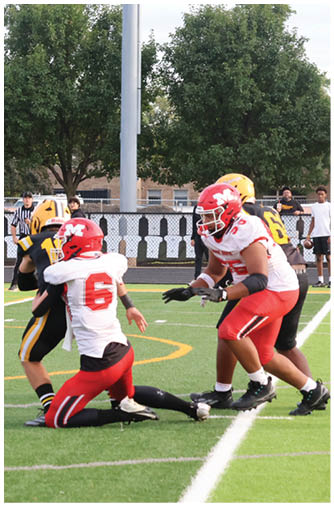 Several people wearing football uniforms are engaged in a play on a green field with trees and spectators in the background. Description generated by AI