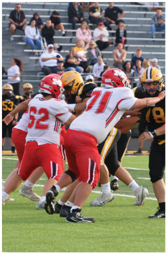 Adults in football uniforms are engaged in a game on a field with spectators seated on bleachers in the background. Description generated by AI