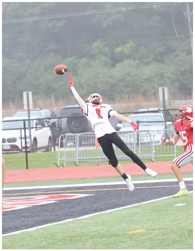 A person in a white and black football uniform is leaping to catch a football while another person in a red and gray uniform runs behind on a football field near the end zone. Description generated by AI