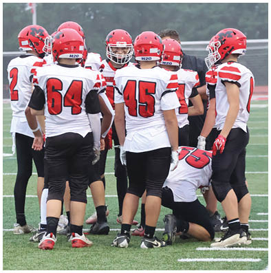 A group of people wearing red helmets and white sports jerseys with black pants are gathered on a football field. Description generated by AI