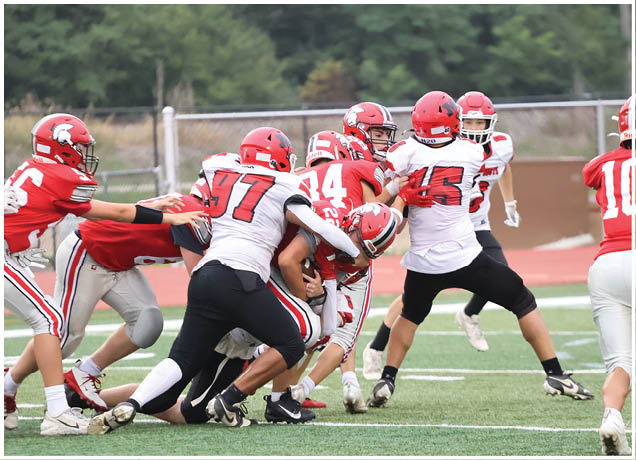 Several people wearing red and white football uniforms are engaged in a tackle during a game on a green field. Description generated by AI