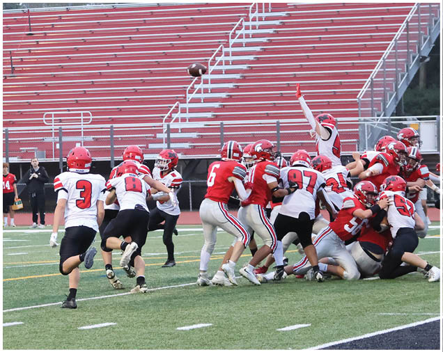 A group of people in football uniforms are playing on a field with one person kicking the ball while others run and block near the goal line in front of mostly empty bleachers. Description generated by AI