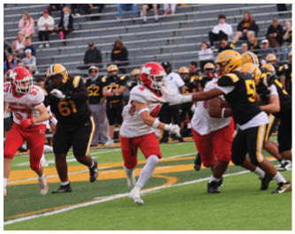 People in sports uniforms are actively playing football on a field with spectators seated in bleachers in the background. Description generated by AI