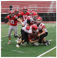 Several people wearing red and white football uniforms are tackling another person holding a football on a green field while another person in a red uniform sits on the ground nearby. Description generated by AI