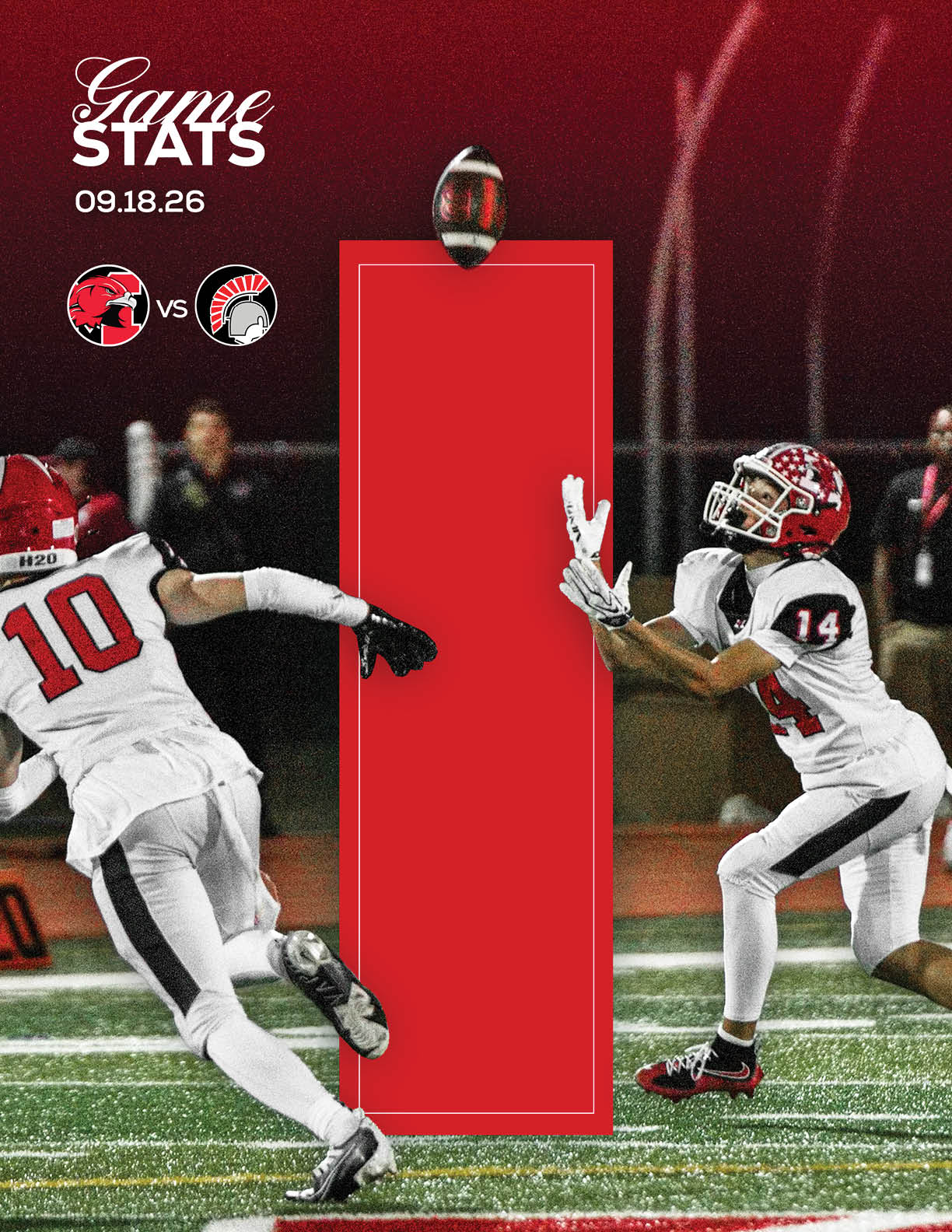 Two athletes in white uniforms with red helmets are on a football field, one reaching to catch a football while the other is running nearby, with a scoreboard graphic showing team logos and game stats above them. Description generated by AI