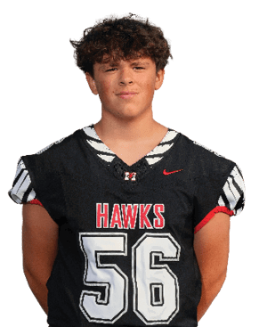 A person with curly hair wearing a black football jersey with the number 56 and the word Hawks stands against a white background. Description generated by AI