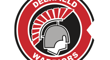 A circular logo with a red outer ring containing the text “DEERFIELD WARRIORS" surrounding a black inner circle featuring a gray warrior helmet with a red plume. Description generated by AI