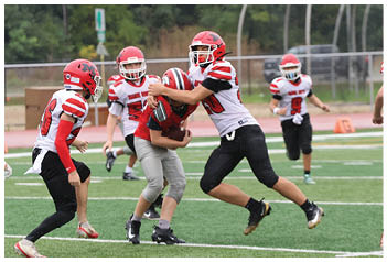 Several people wearing red helmets and sports uniforms are playing football on a green field with trees and a fence in the background. Description generated by AI