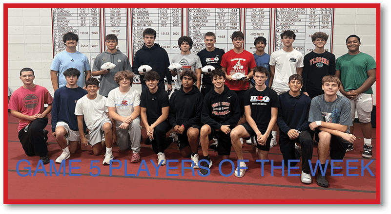 A group of young people wearing casual sportswear pose indoors in two rows with a banner reading “GAME 5 PLAYERS OF THE WEEK" in front of them. Description generated by AI