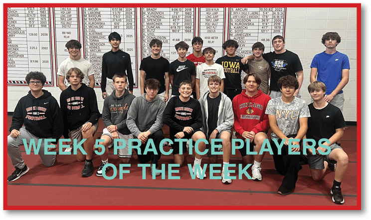 A group of people wearing casual sportswear pose together indoors in front of a wall with charts, with text overlay reading “Week 5 Practice Players of the Week." Description generated by AI