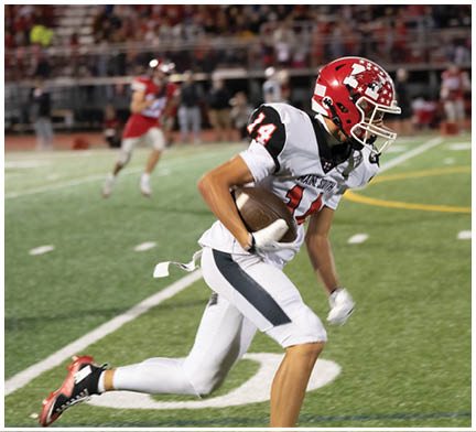 A person wearing a white and black football uniform is running with a football on a green field while other players and spectators are visible in the background. Description generated by AI