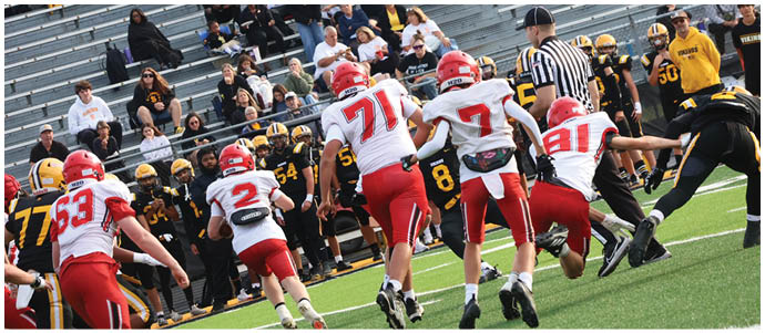 People in red and white football uniforms are running on a field toward players in black and yellow uniforms near the sidelines with spectators in the stands behind them. Description generated by AI