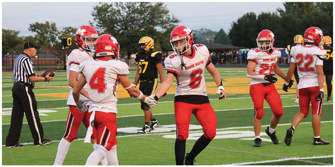 Adults in football uniforms are on a field with one pair shaking hands while others stand nearby during a game. Description generated by AI