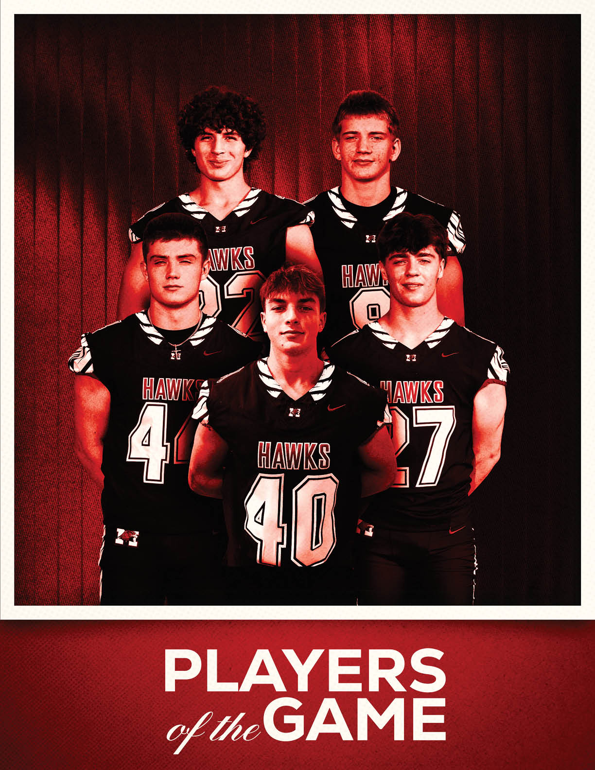 Five people wearing black sports jerseys with the word “HAWKS" pose together against a red background with the text "PLAYERS of the GAME" below them. Description generated by AI