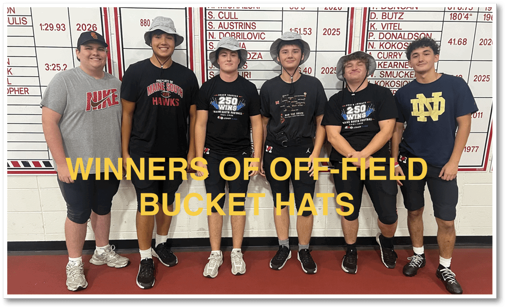 Five people standing side by side indoors wearing casual athletic clothing and sneakers with text overlaid that reads winners of off-field bucket hats. Description generated by AI
