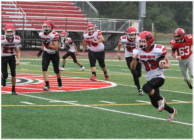 A group of people in football uniforms are playing on a field with one person running with the ball while others chase behind. Description generated by AI