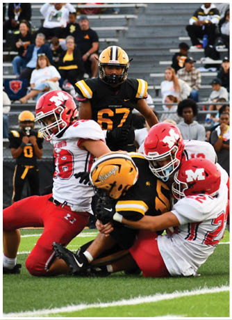 Several people in football uniforms are engaged in a tackle on a grassy field during a game. Description generated by AI