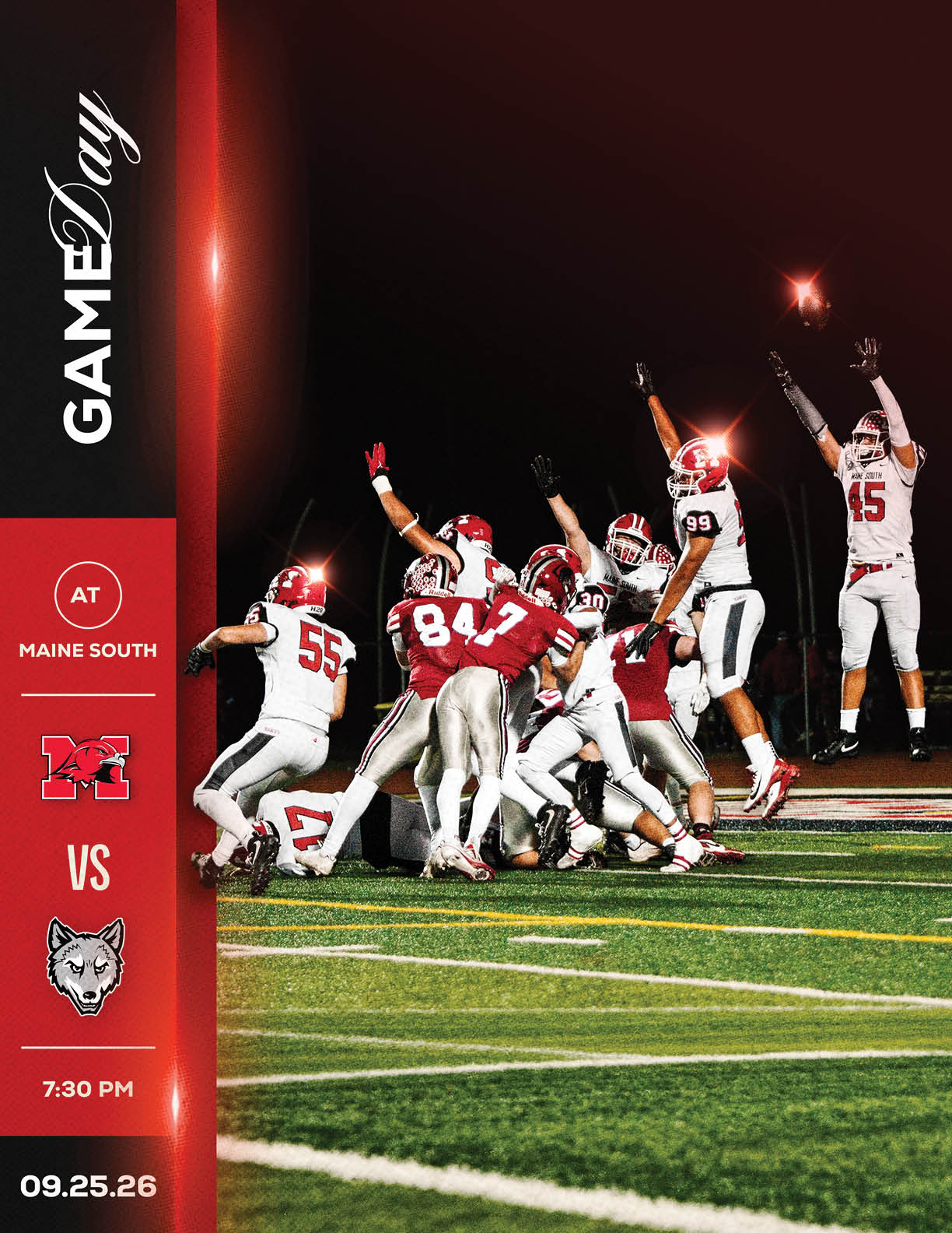 A group of football players in red and white uniforms are celebrating a touchdown on a brightly lit field at night with a graphic on the left side showing game details for a match between Maine South and an opposing team on September 25th. Description generated by AI