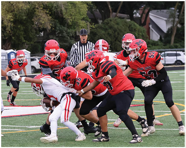 People in football uniforms are engaged in a tackle on a grassy field with a referee observing in the background. Description generated by AI