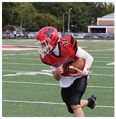 Two people wearing red helmets and football uniforms are engaged in a play on a green football field with trees and parked cars in the background. Description generated by AI