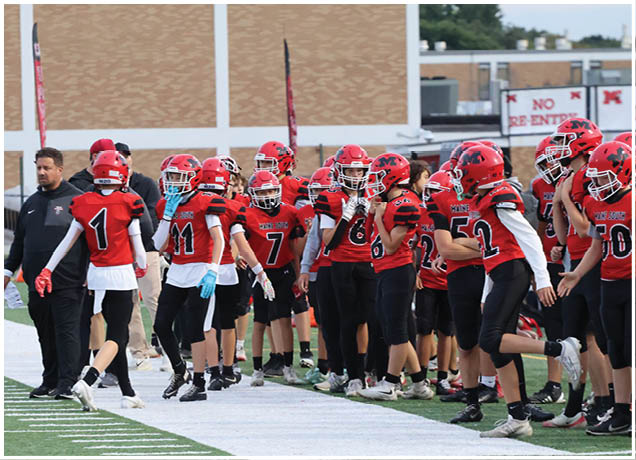 A group of people wearing red football uniforms and helmets are gathered on the sidelines of a football field, with one person walking toward the group. Description generated by AI