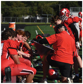 People in red football uniforms are sitting on a bench on the sidelines of a football field, with one person holding a clipboard. Description generated by AI