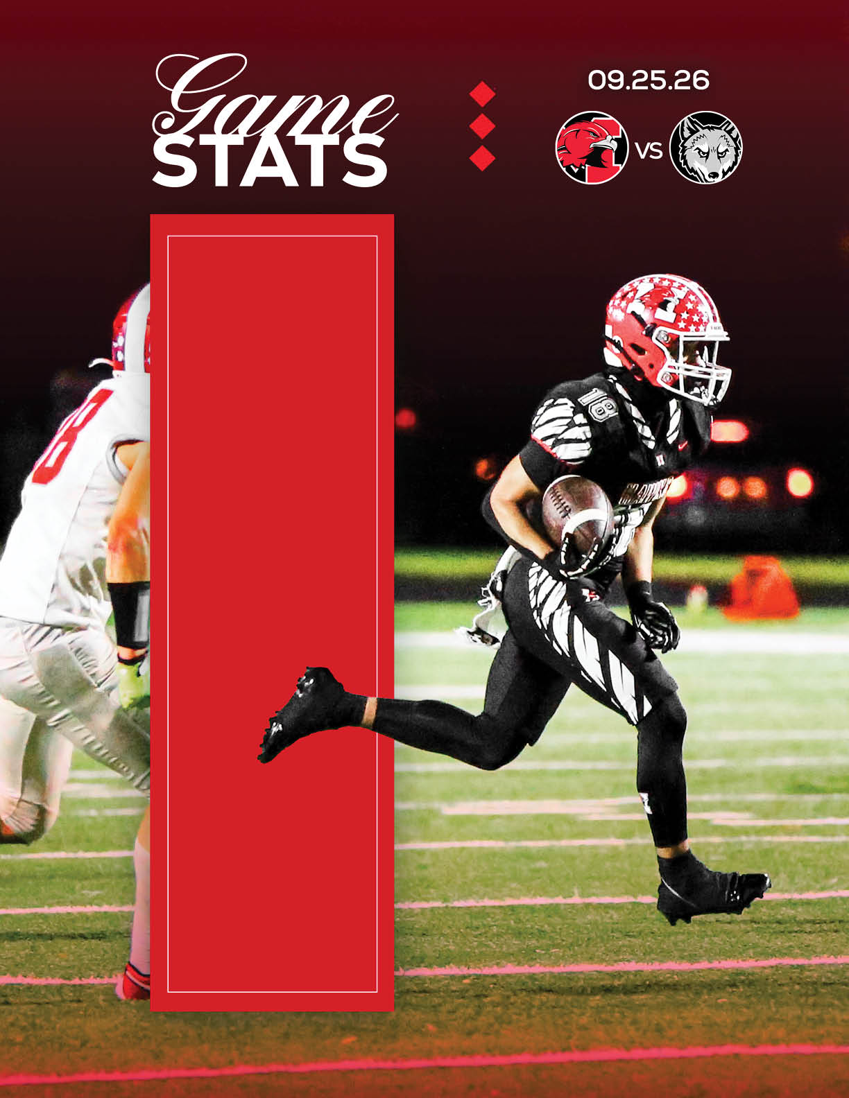 A person in a black and red football uniform is running on a field holding a football while another person in a white uniform is behind them, with a graphic showing game stats and team logos for a game on September 25, 2026. Description generated by AI