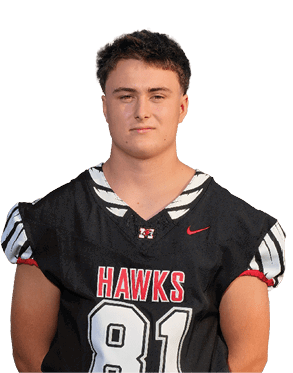 A person wearing a black football jersey with red and white accents and the word “HAWKS" along with the number 81 on the front is standing against a white background. Description generated by AI