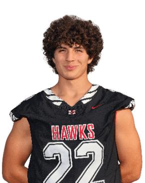 A person with curly hair is wearing a black sports jersey with the word “HAWKS" and the number 22 on the front. Description generated by AI