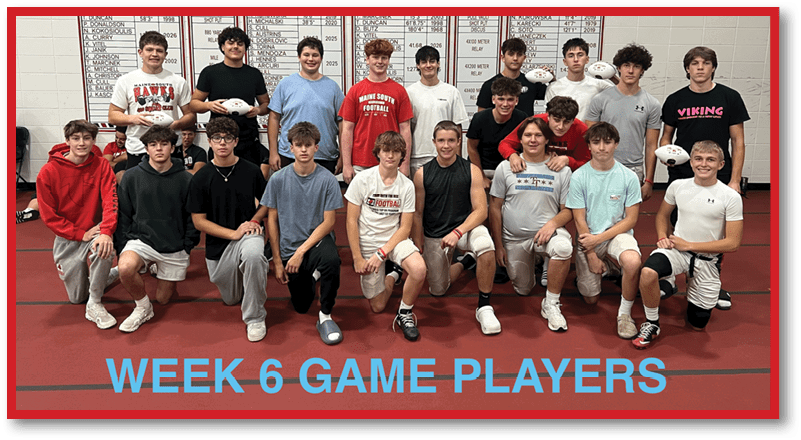 A group of people wearing casual athletic clothing pose indoors on a gym floor with a scoreboard and banners in the background and the text “WEEK 6 GAME PLAYERS" below them. Description generated by AI