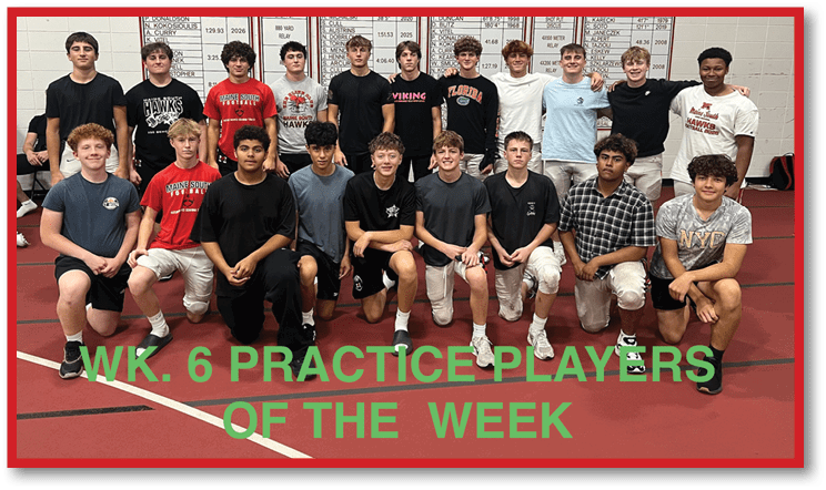 A group of young people wearing casual athletic clothing pose together on an indoor sports court with text reading WK. 6 PRACTICE PLAYERS OF THE WEEK overlaid in green. Description generated by AI