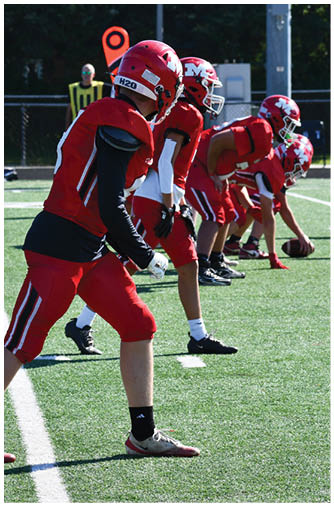 A person in red football gear is crouched in a ready position on a green field with other players lined up behind. Description generated by AI
