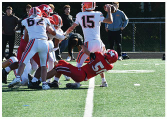 A group of people in football uniforms are engaged in a play on a field with one person in white preparing to throw a football while a person in red is falling backward. Description generated by AI