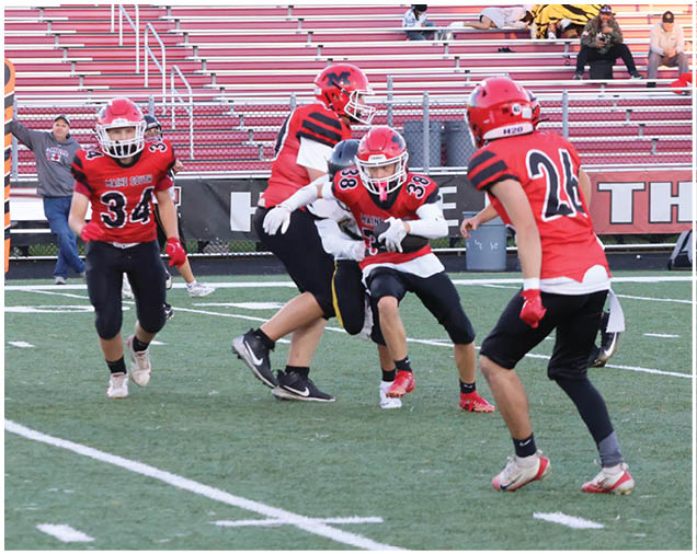 People in red and black football uniforms are playing on a field with a few spectators sitting in the bleachers behind them. Description generated by AI