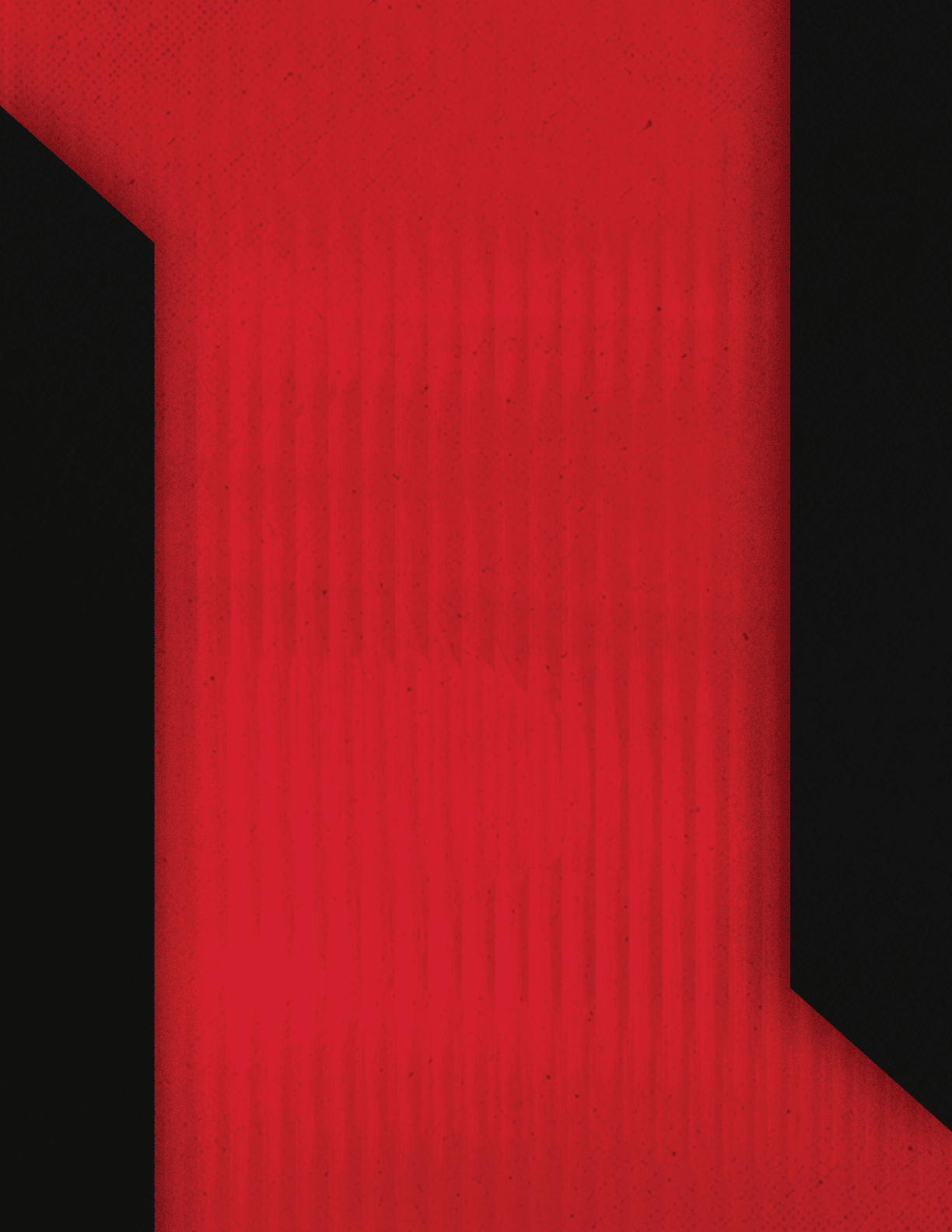 A bold red background with black geometric shapes creating a modern abstract design. Description generated by AI
