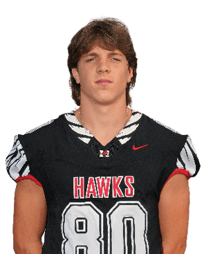 Person wearing a black football uniform with the number 80 and the word “HAWKS" on the front. Description generated by AI