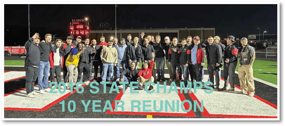 A group of adults standing together on a football field at night with text overlay reading “2016 State Champs 10 Year Reunion." Description generated by AI