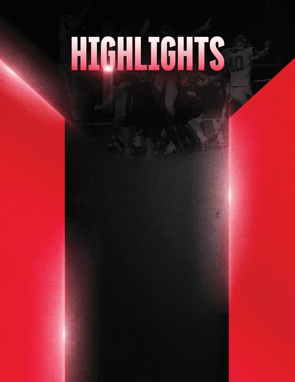 The word “HIGHLIGHTS" is displayed in bold white and pink gradient text above a dark background with faint images of people celebrating, framed by bright red geometric shapes on the sides. Description generated by AI