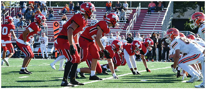 Players in red and white football uniforms are lined up on a green field preparing for a play with spectators seated in bleachers in the background. Description generated by AI