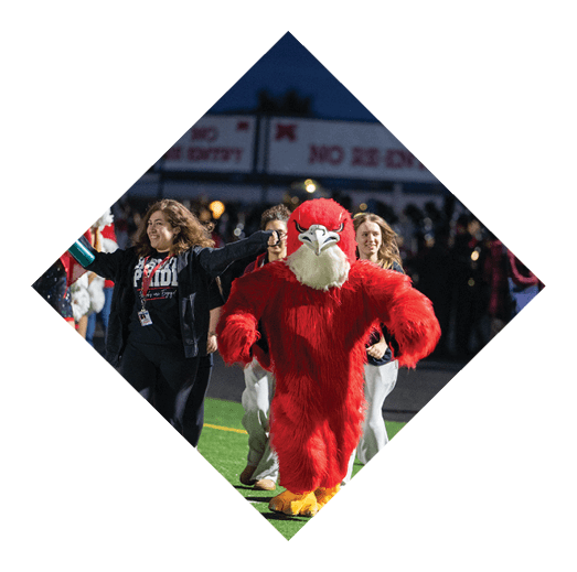 A person in a red bird mascot costume is walking on a sports field accompanied by three people smiling and walking behind. Description generated by AI