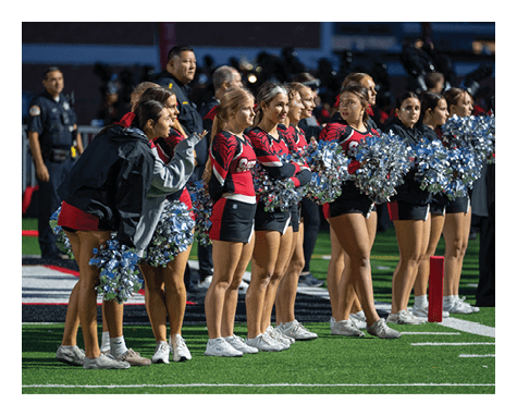 A group of people in matching athletic outfits stand on a sports field holding pom-poms while others in uniform stand in the background. Description generated by AI